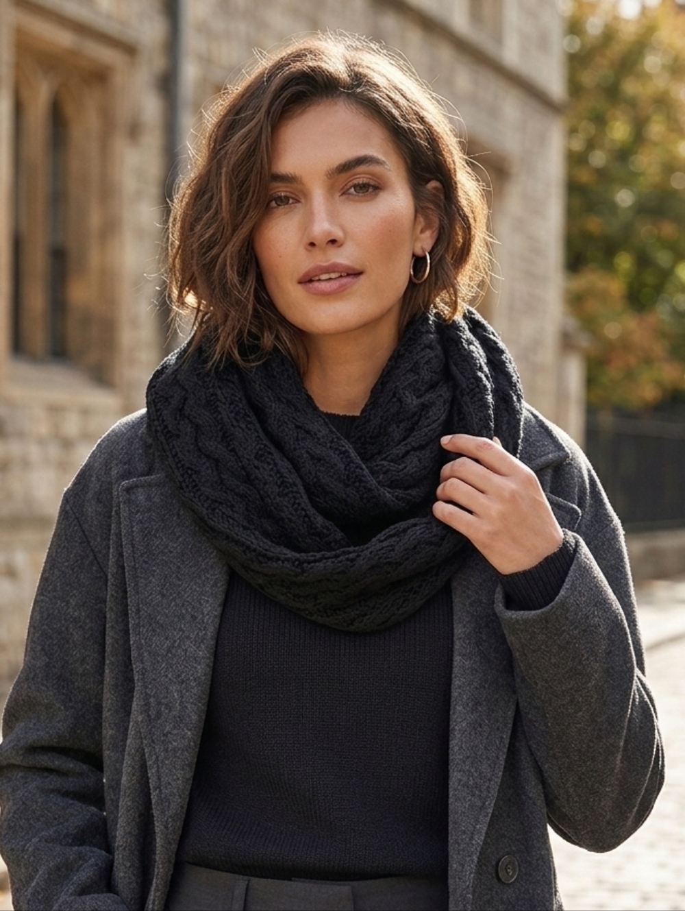 Women's Black Cable-Knit Infinity Scarf – Cozy Winter Wrap